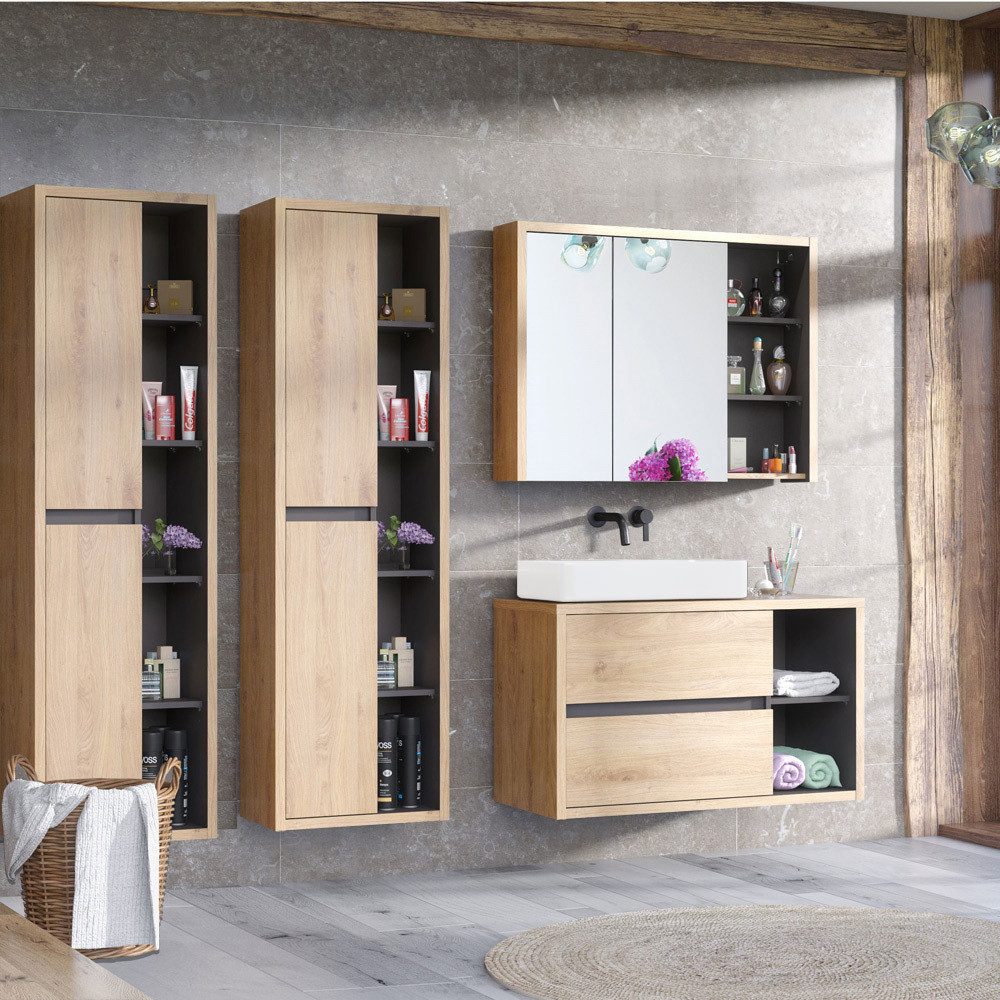 Lomadox Spiegelschrank DANZIG-56 Badezimmer 100 cm in Shetland Eiche Nb. mi günstig online kaufen