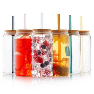 SÄNGER Gläser-Set mit Bambusdeckel und Strohhalmen, Glas, 12-teilig, 400 ml, heiße & kalte Getränke, verschiedene Farben