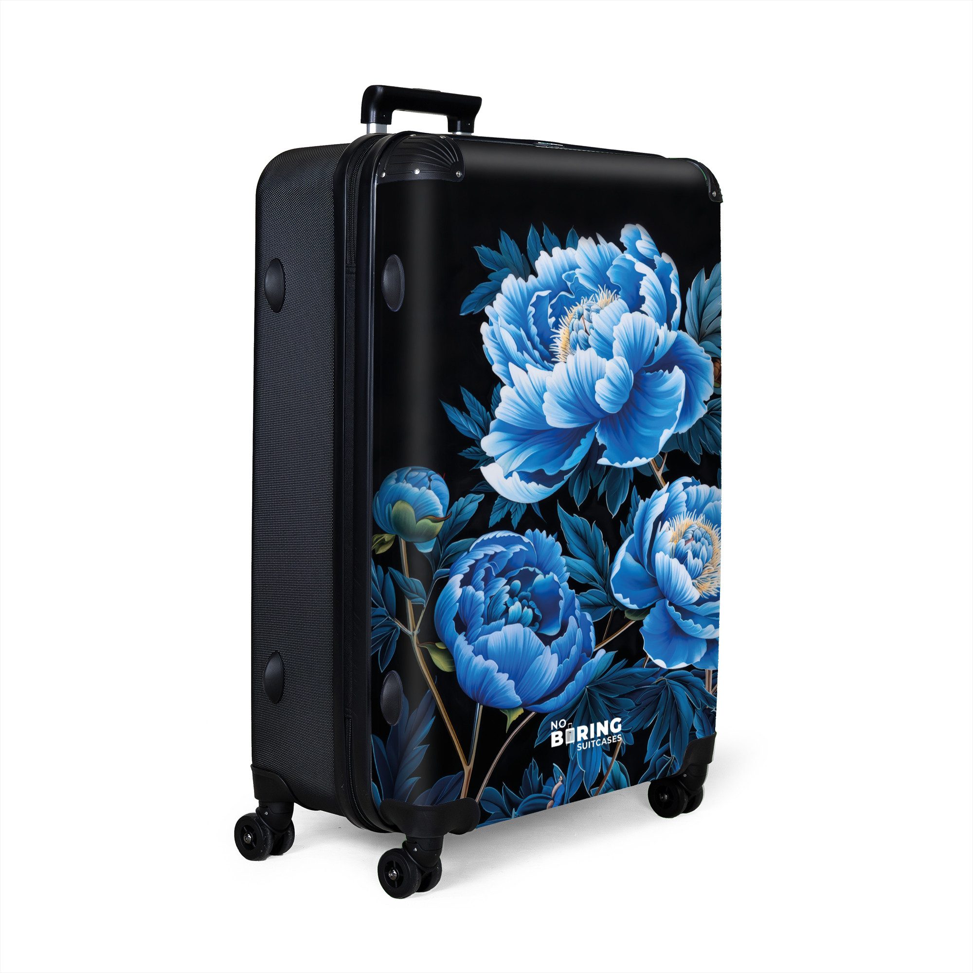 NoBoringSuitcases.com© Hartschalen-Trolley Schwarz mit blauen Pfingstrosen günstig online kaufen