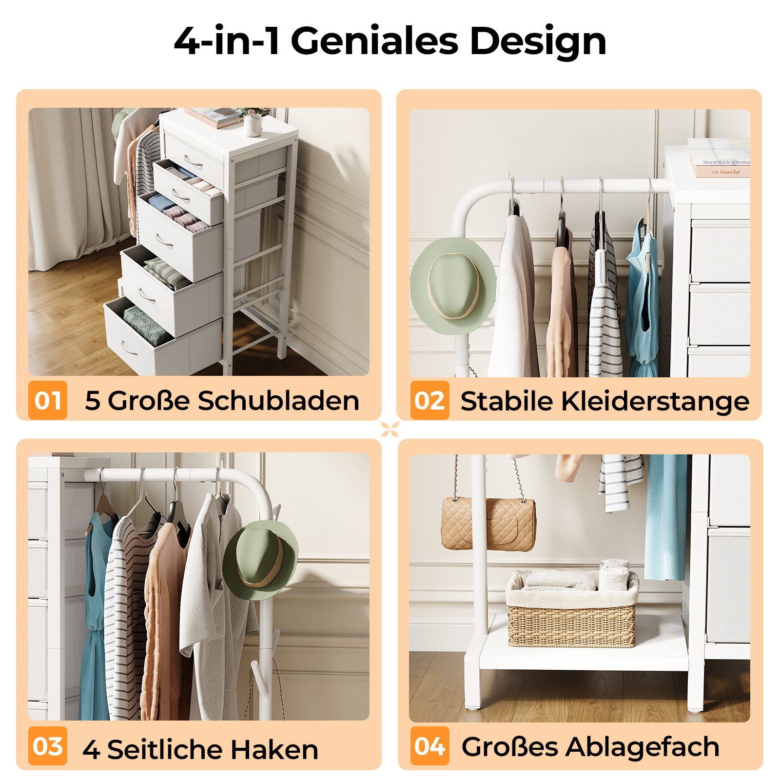 Patbrela Garderobenständer Garderobe mit 5 Stoff Schubladen, Kommodeschrank mit Kleiderstange, Stoffkommode für Schlafzimmer Wohnzimmer Flur Kinderzimmer