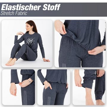 LOREZA Schlafanzug Schlafanzug Pyjama langarm- Stern - Grau (Set, 2 tlg)