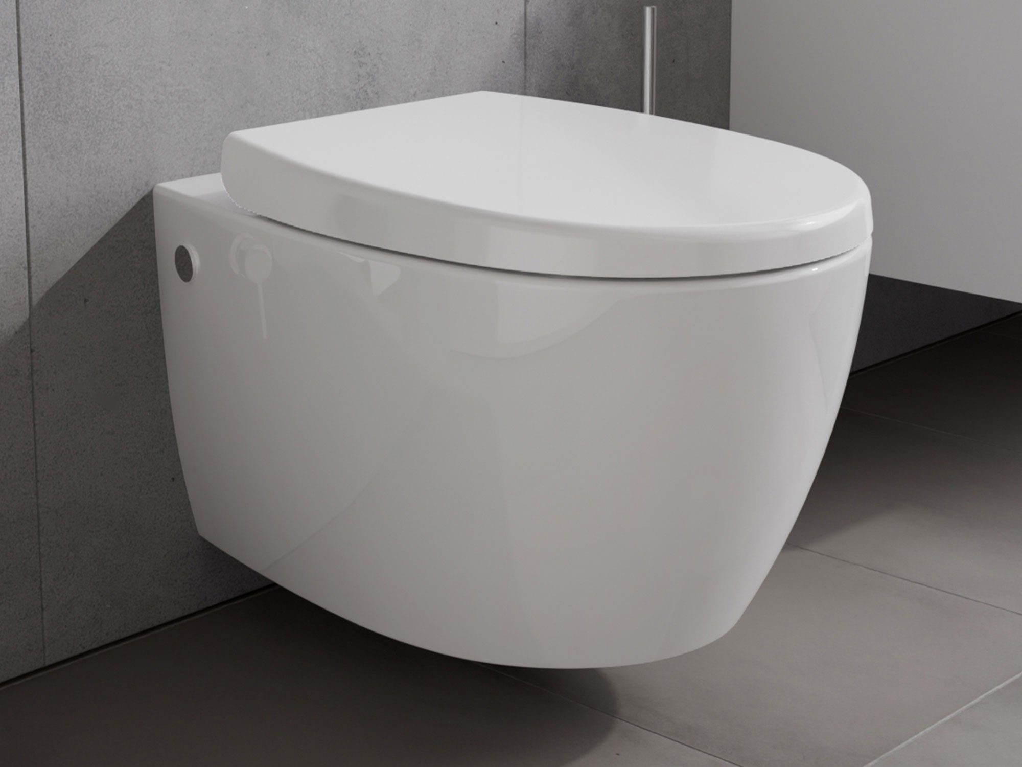 Aqua Bagno Tiefspül-WC Spülrandlose Toilette, Softclose WC-Sitz, weiß, Hänge WC, wandhängend, Abgang waagerecht