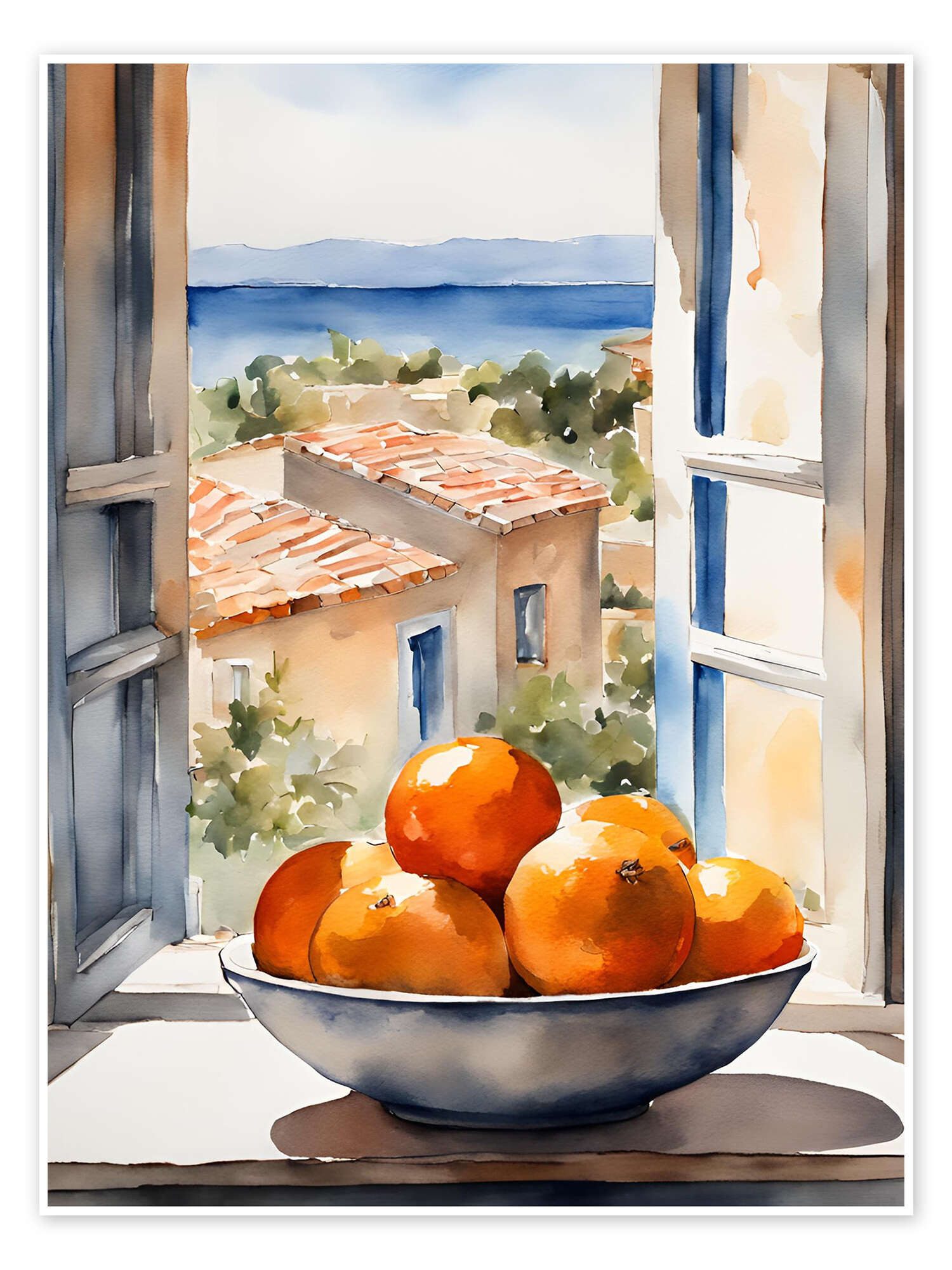 Posterlounge Poster Ohkimiko, Orangen in Schale mit mediterraner Aussicht, Mediterran Malerei