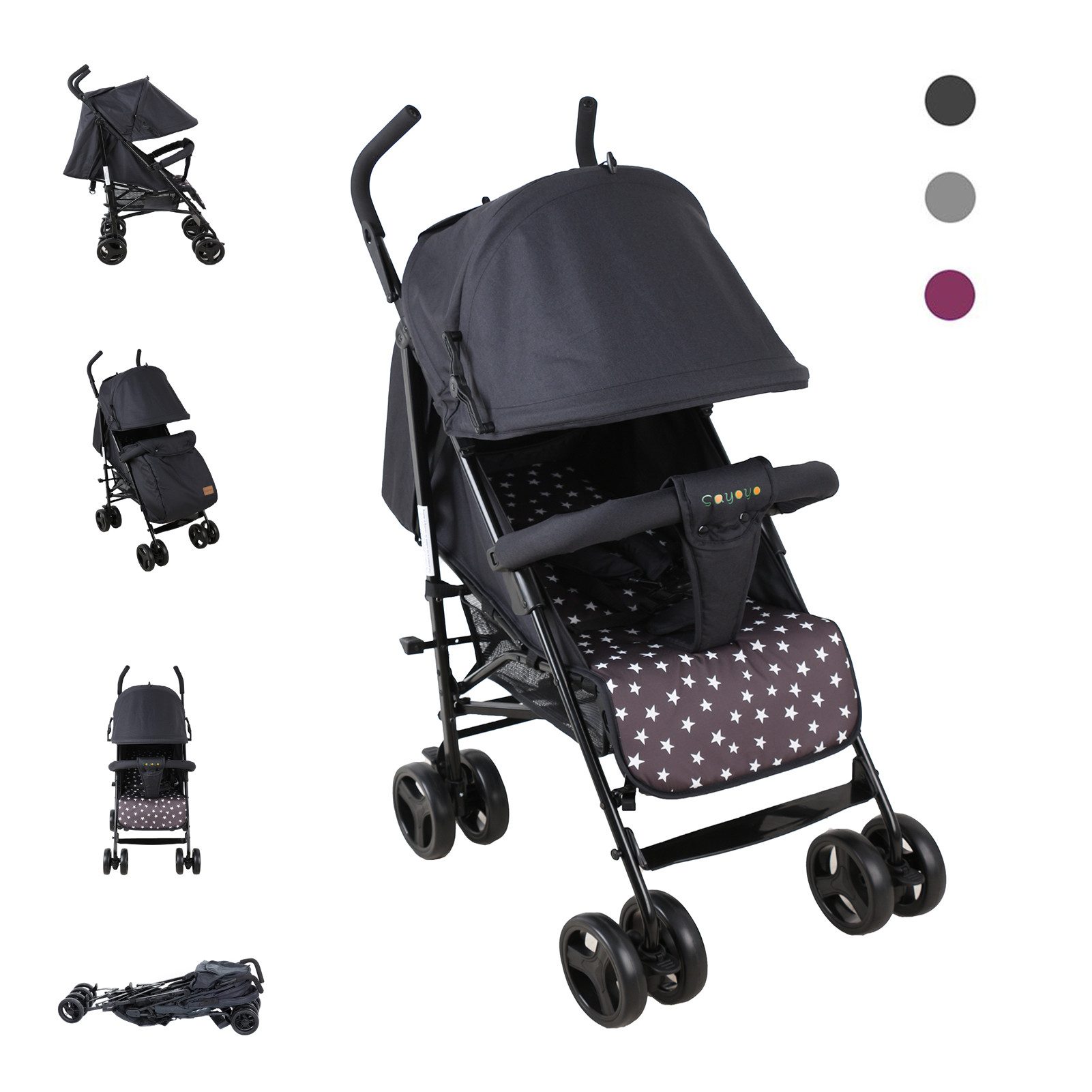 Kinder-Buggy Sayoyo Kinderwagen, ab 6 Monate bis 15kg, Schwarz