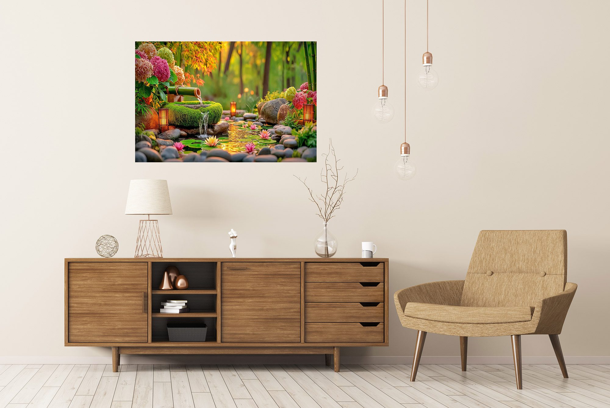 islandburner Poster Ruhiger Zen-Garten mit Wasserfall und Lotusblumen - Großformat -