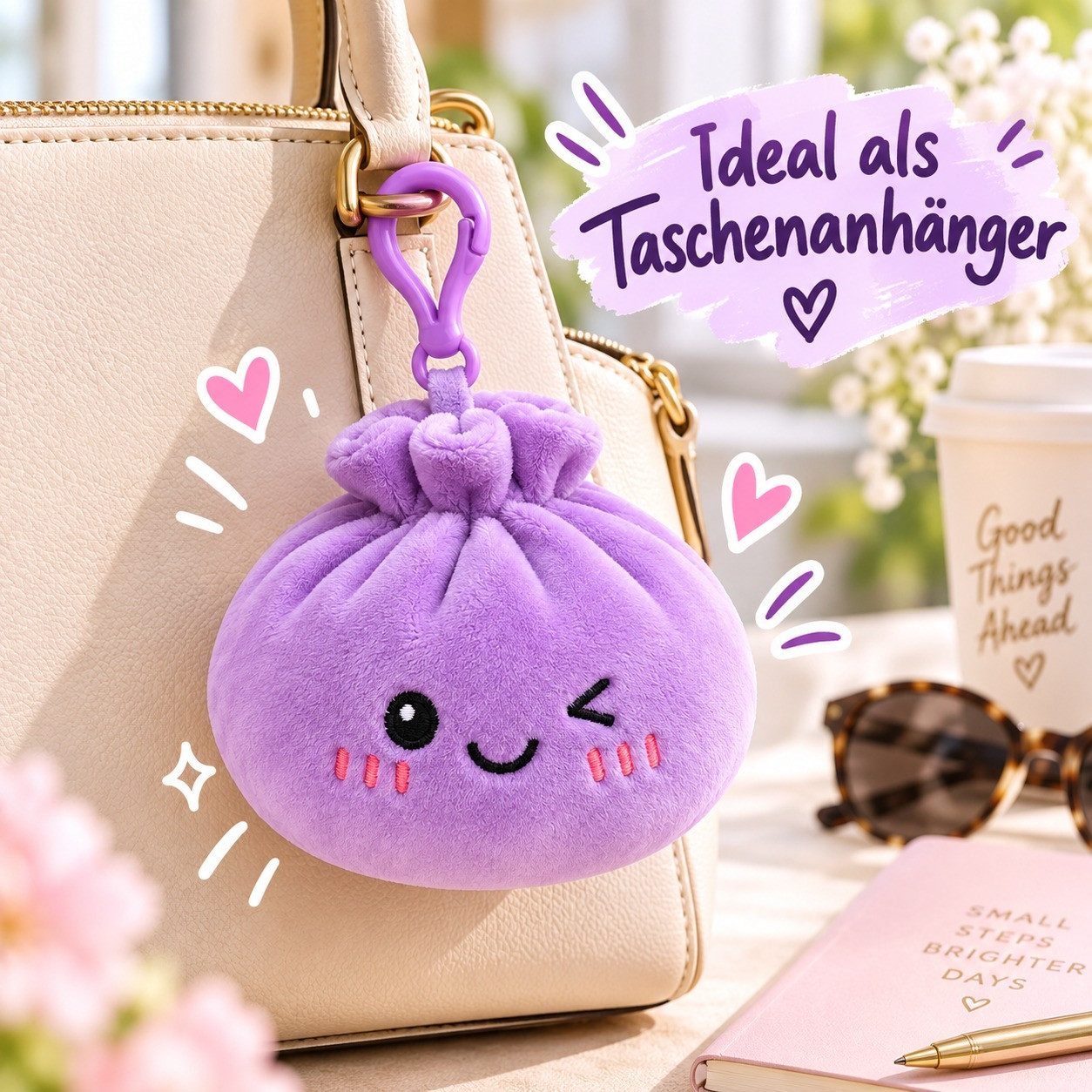 Bert Struis Gepäckanhänger Kawaii Dumpling Bagclip Taschenanhänger Schlüsselanhänger 12cm lila (Set, 1-St., Geschenk-Set) Plüschanhänger mit niedlichem Kawaii-G – Bild 5 von 5