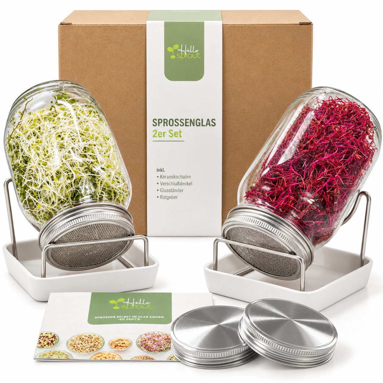 Hellosprout Anzuchttopf Sprossenglas, Keimglas Set, Sprossengläser 2 x 1000 ml (Sprossen Anzuchtset, Keimglas für Sprossen), Extragroße Öffnung und rostfreier Edelstahlsieb