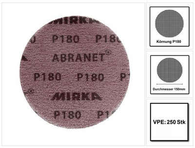 Mirka Schleifscheibe ABRANET Set Schleifscheiben Grip 150mm P180 250 Stk. (5x 5424105018