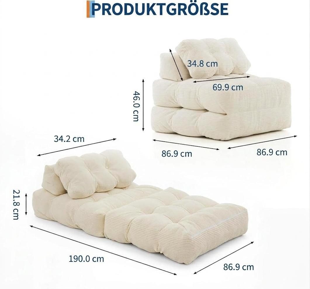 GarveeMore Schlafsofa mit Kissen 3-in-1 Klappsofa aus Cord Schlafsessel Multifunktionssofa