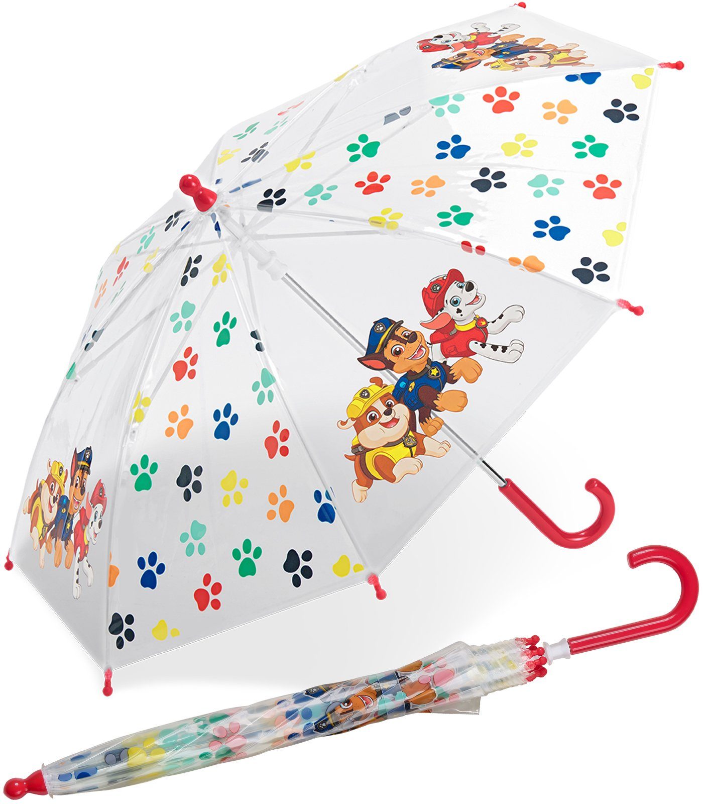 HAPPY RAIN Stockregenschirm Kinder-Stockschirm transparent durchsichtig, mit Paw Patrol Fellfreunde Pfoten Motiven rot