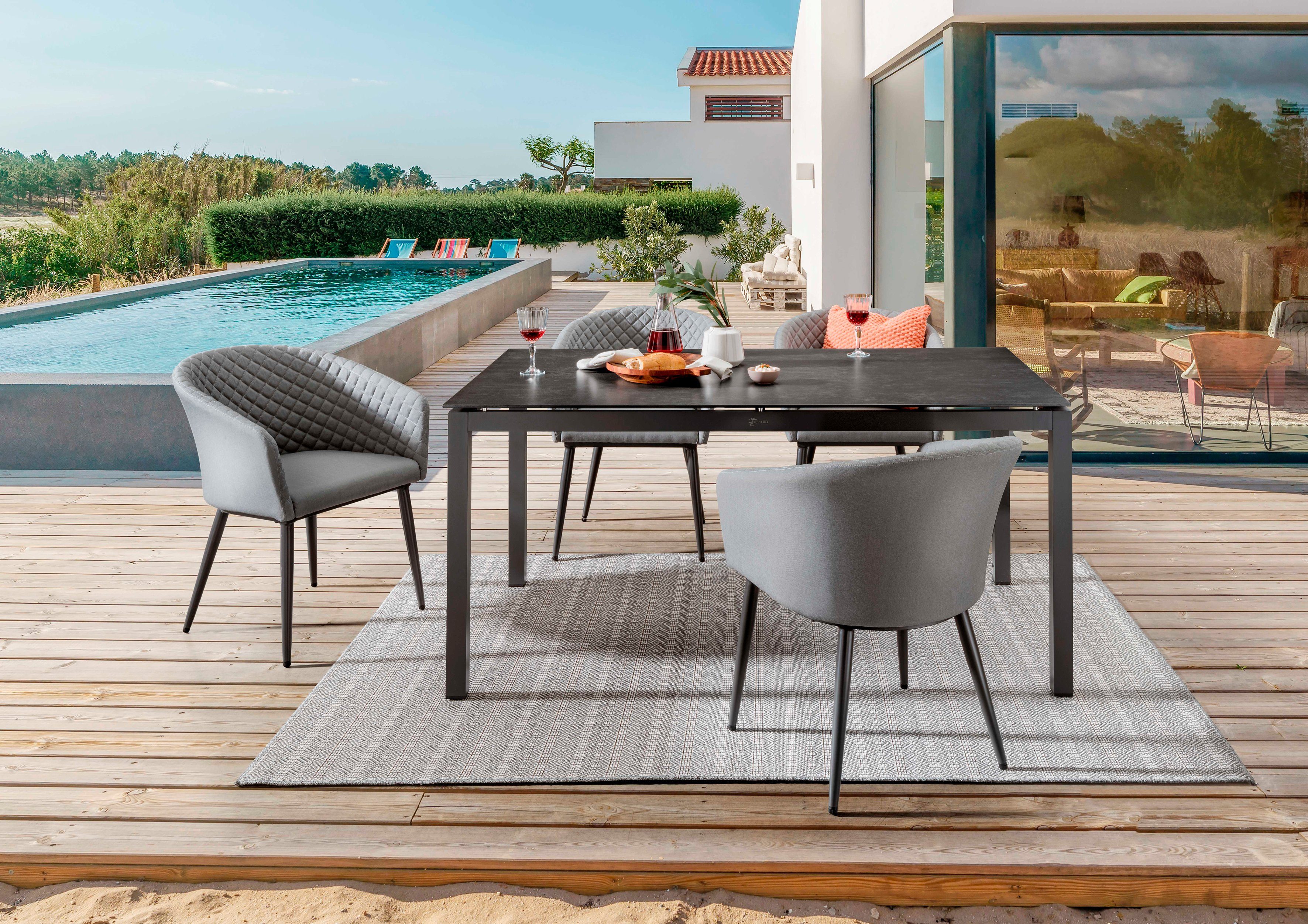 Destiny Garten-Essgruppe MODENA CREMONA, (5-tlg., 4x Sessel, 1x Tisch), Aluminium, Olefin, Glas mit Keramiküberzug