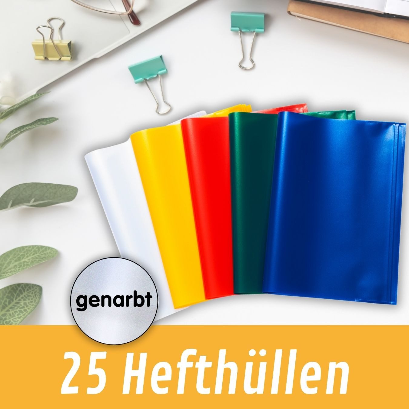 perfect line Schulheft 25 Hefthüllen DIN A4 bunt, 5 Farben, genarbt, 90 my, PP, dokumentenecht, Made in EU