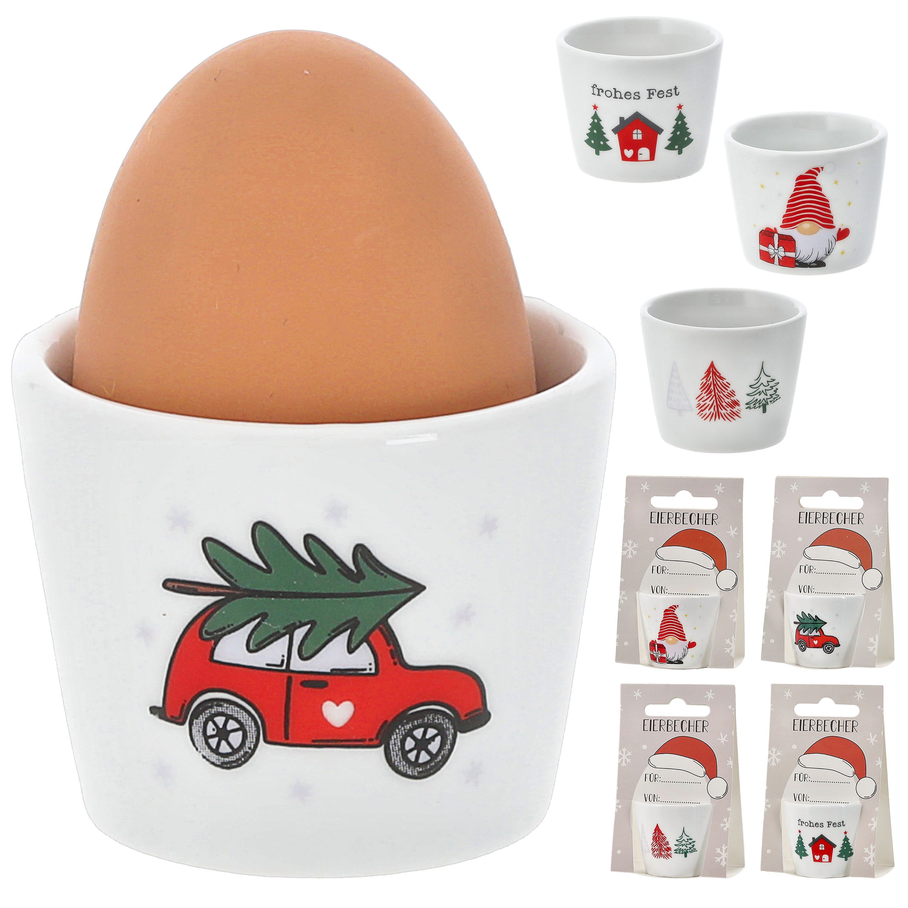 CEPEWA Eierbecher Eierbecher XMAS 4er Set 4 Motive 5x4cm Porzellan Karte Beschriften