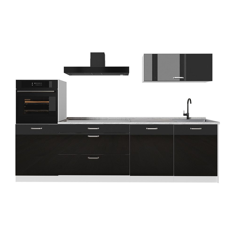 Vicco Küchenzeile R-Line, Schwarz Hochglanz/Weiß, 280 cm ohne Arbeitsplatte