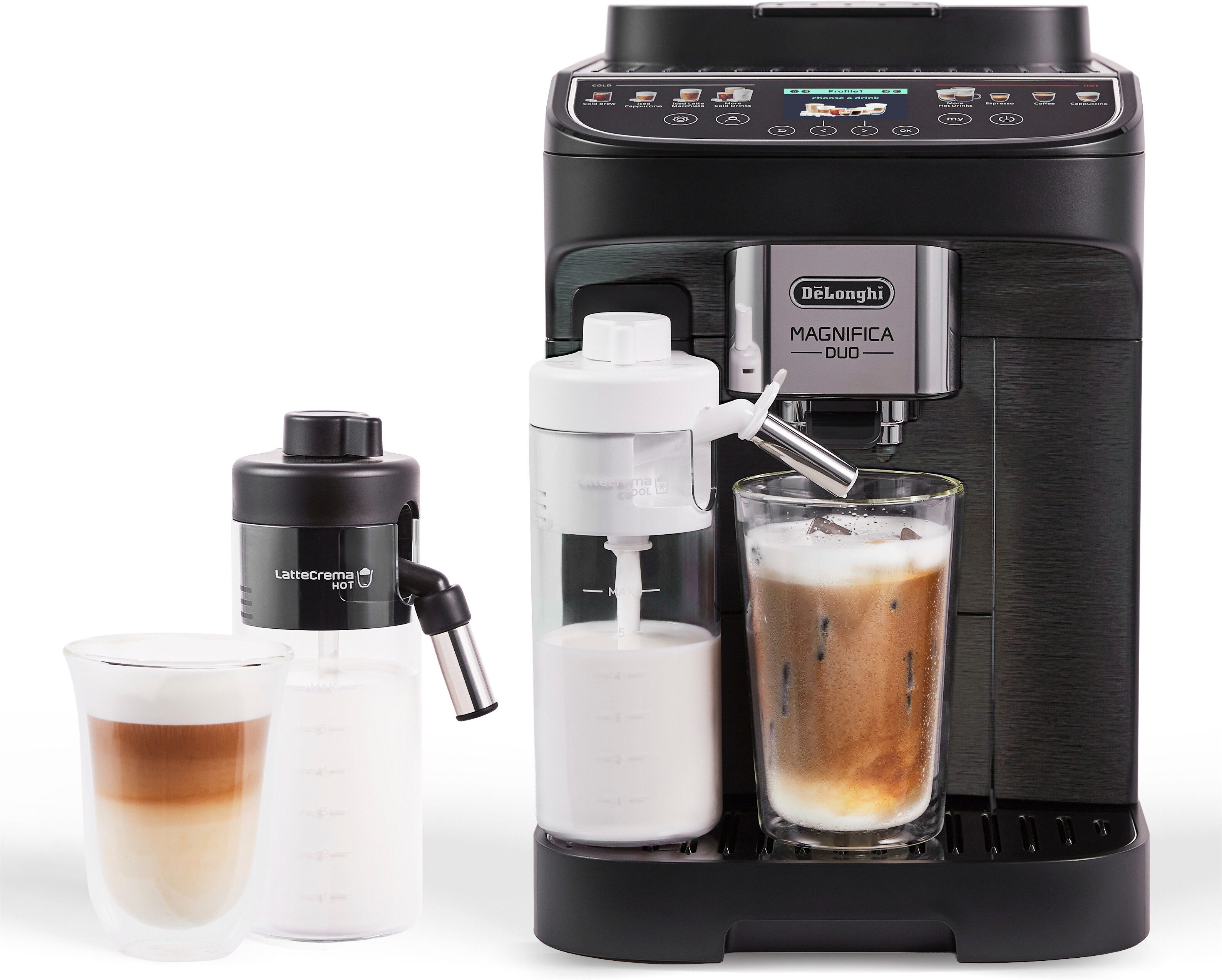 De'Longhi Kaffeevollautomat MAGNIFICA DUO ECAM330.80.BXB - 20 Rezepte, heißer & kalter Milchschaum, Cold Brew Funktion, 2,4" TFT-Display, 2 Milchkaraffen (Heiß & Kalt)