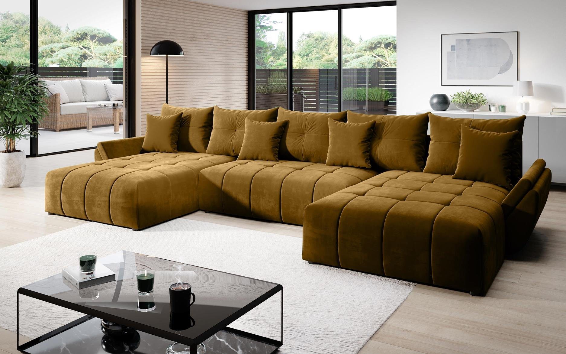 Furnix Schlafsofa CALVANI U Polstercouch in U-Form mit Bettkasten Kissen, 385 x 190 x 71/91 cm, hochwertig, made in Europe Gold-Braun MH48