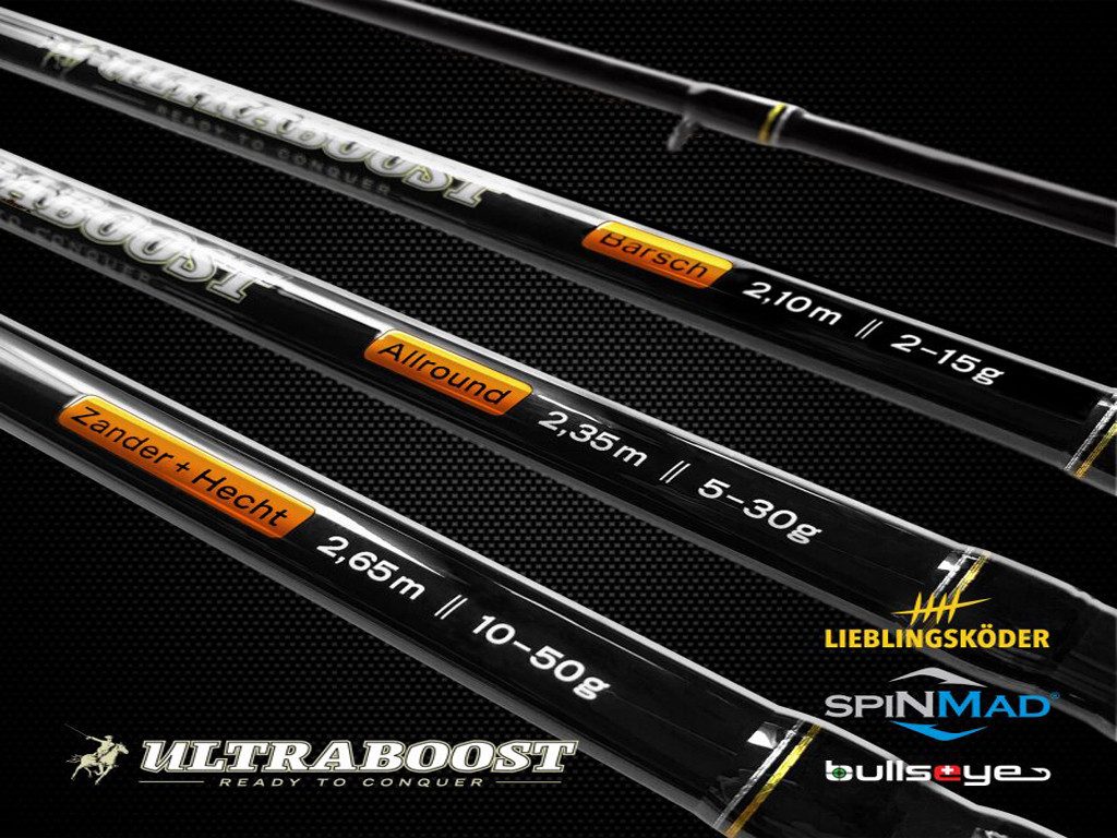 Bullseye Fishing Spinnrute Ultraboost Zander+Hecht 2,65 m - 10 bis 50 g - Bullseye/Lieblingsköder, (2-tlg., Lieblingsköder Rutenschutz), hochmodularer Japan-Blank - TVS Halter von Fuji