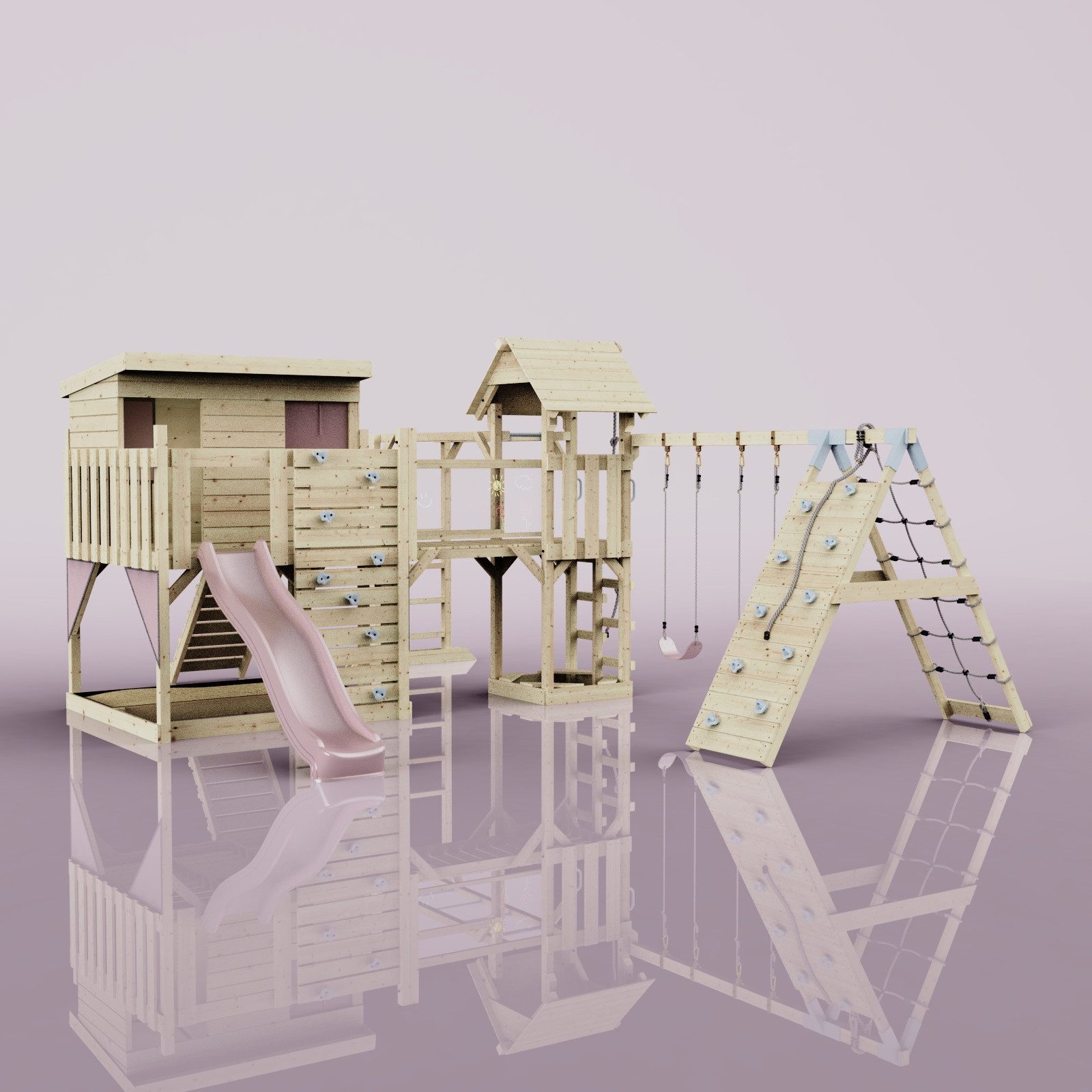 OutdoorToys Spielturm Malin, aus Holz in Altrosa mit Kinderschaukel & Rutsche, Kletterwand