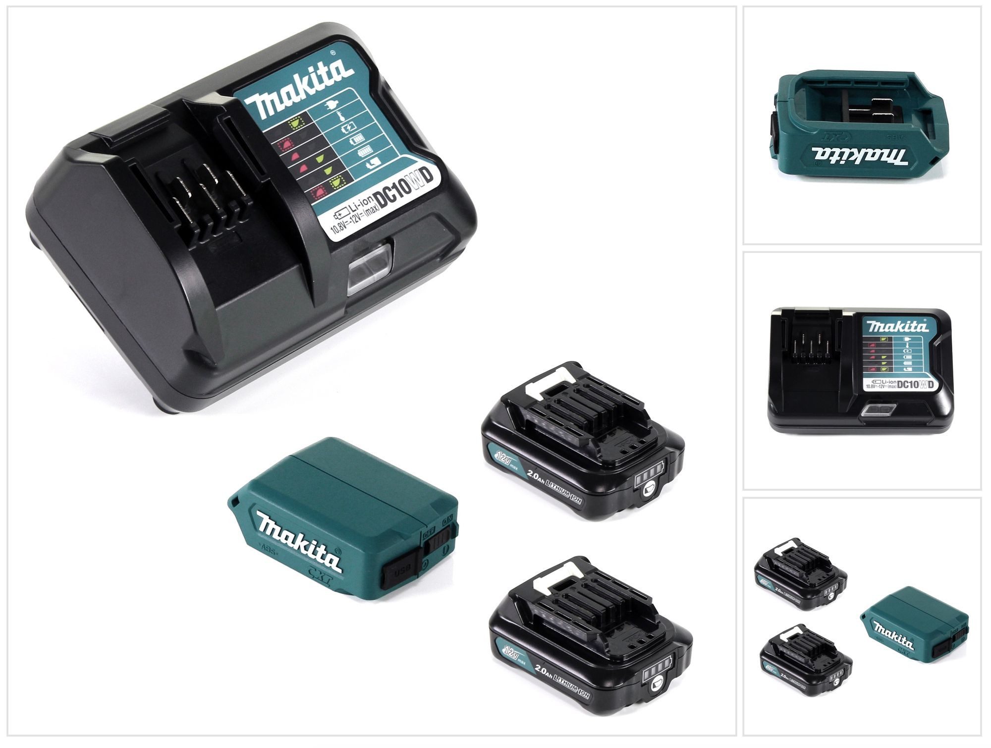Makita DEAADP08 WA USB Adapter für 10,8V-12V Akkus + 2x 2,0 Ah Akku (197396 Akkupacks