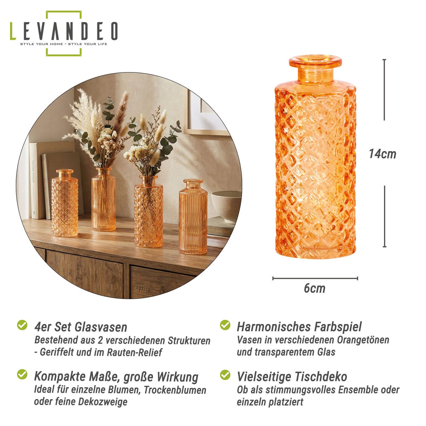 Levandeo® Dekovase, 4er Set Vase Orange H13cm Glas Blumenvase Tischdeko Frühling