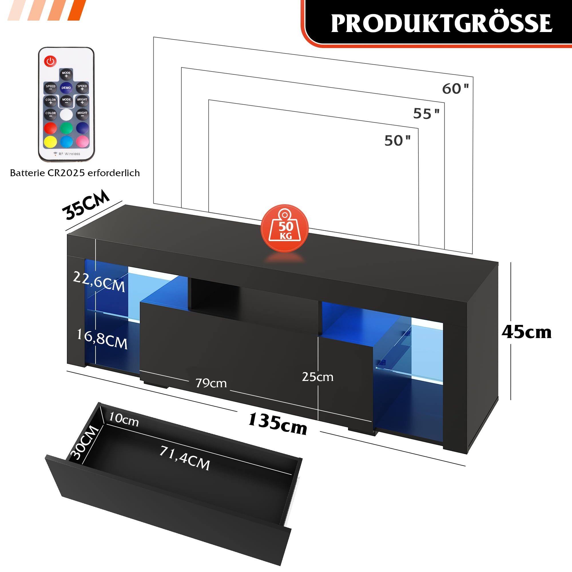 WLIVE Lowboard mit RGB-LED (20 Farben) Glasböden 135 x 45x 35cm (Fernsehtisch mit Schubladen für 50/55/60 Zoll Fernseher), Fernsehschrank für Wohnzimmer Schlafz – Bild 3 von 5