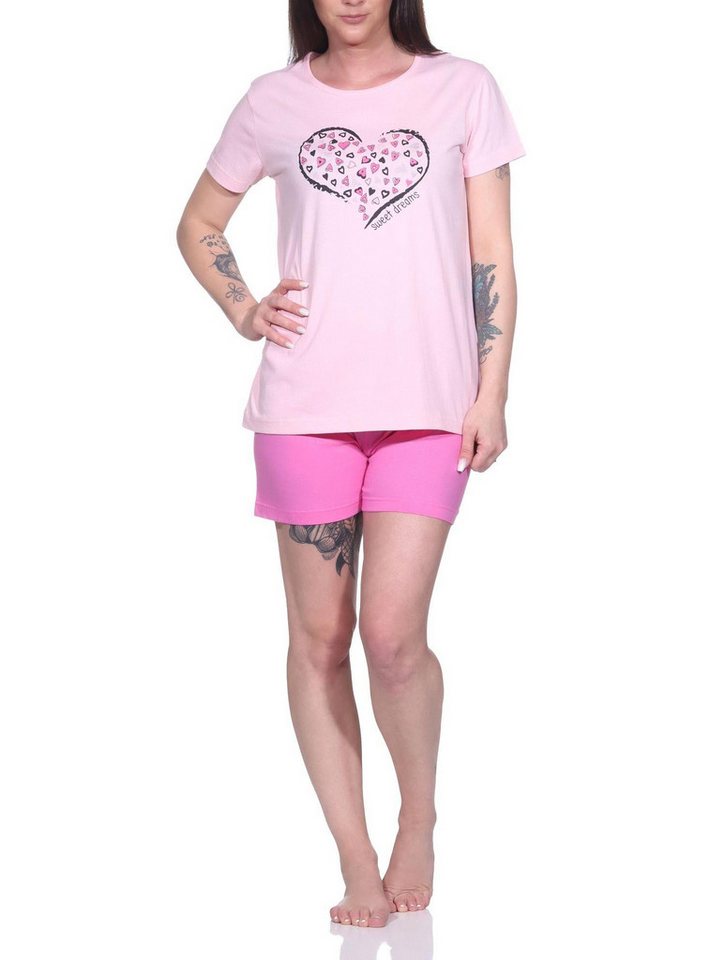 Normann Pyjama Bezaubernder Damen Pyjama Shorty mit romantischem Herzchen-Muster