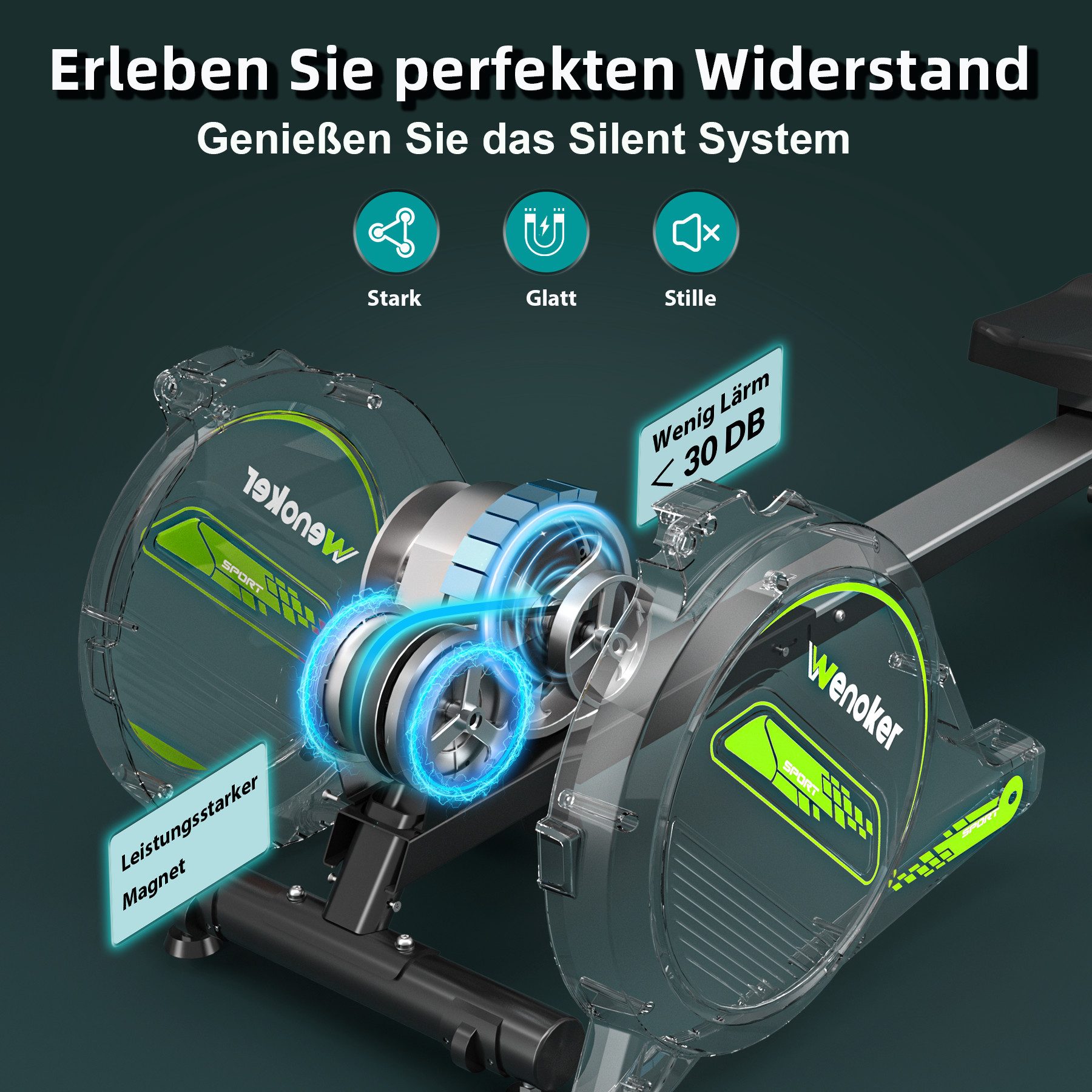 Wenoker Rudergerät Magnetisches Rudergerät mit Bluetooth-App und 16 Widerstandsstufen (Spar-Set, Montagewerkzeug, Rudergerät, Tablet-Halterung, LCD-Display), 16 Widerstandsstufen, App‑Verbindung, leises Magnetwiderstandssystem