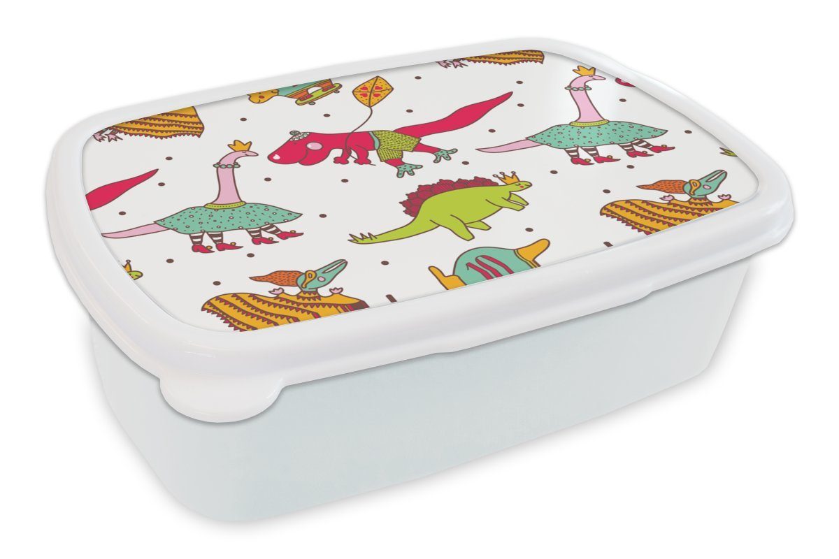 MuchoWow Lunchbox Muster - Dino - Farben - Jungen - Kinder - Kind, Kunststoff, (2-tlg), Brotbox für Kinder und Erwachsene, Brotdose, für Jungs und Mädchen weiß