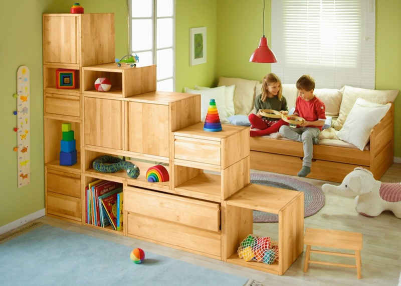 BioKinder - Das gesunde Kinderzimmer Raumteilerregal Laura, Komplett-Set: Bestehend aus 13 einzelnen Regalelementen für den individuellen Raumteiler, Erle