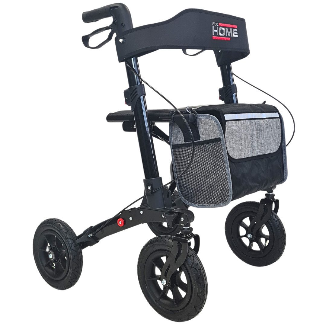 abc HOME Rollator Outdoor, mit Luftreifen & Tasche, faltbar, verstellbare Höhe, mit Profil-Bereifung, mit Tasche und Stockhalter, 2-fach faltbar