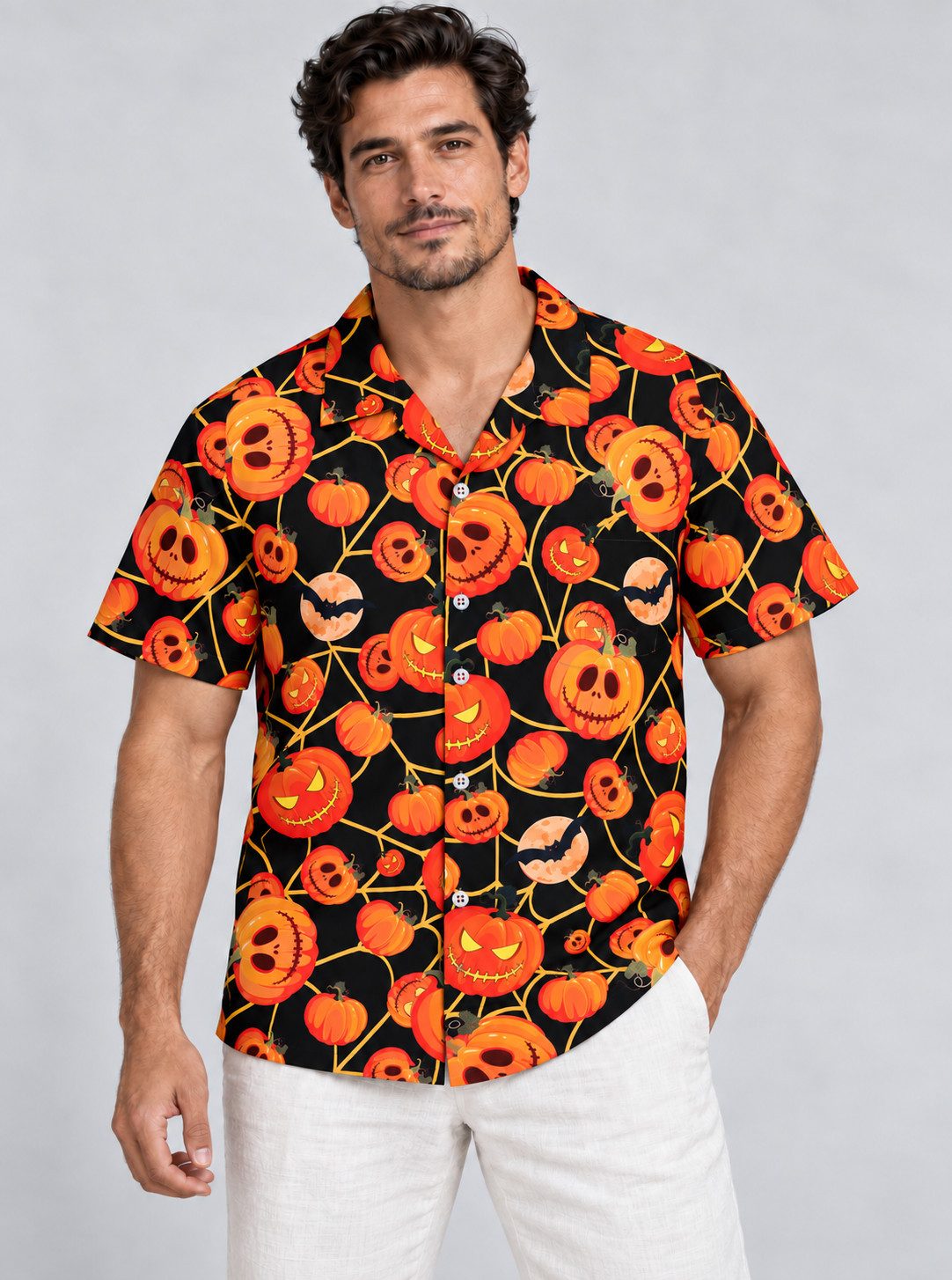 King Kameha Hawaiihemd "Halloween Pumpkin Web" Funky Hawaii-Hemd Kurzarm Front-Tasche Unisex – Bild 3 von 5
