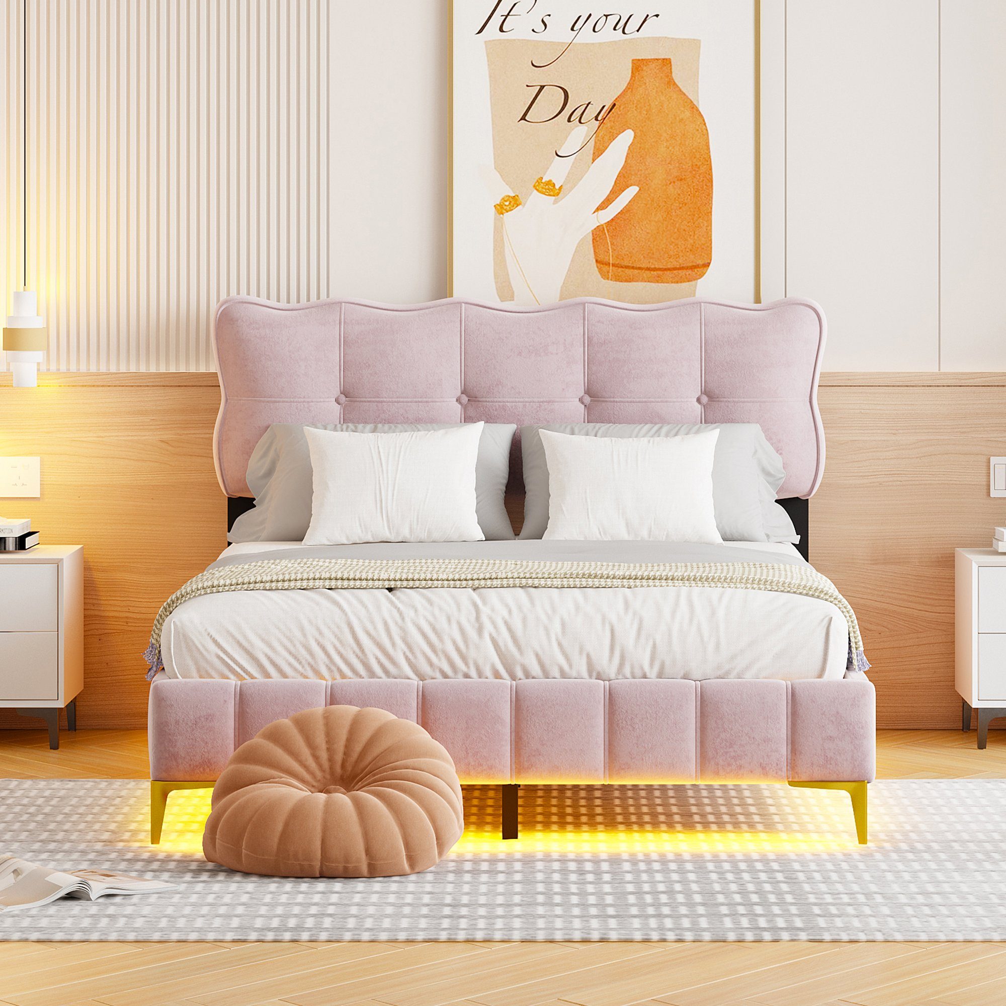 Flieks Polsterbett, LED Beleuchtung Holzbett Doppelbett günstig online kaufen