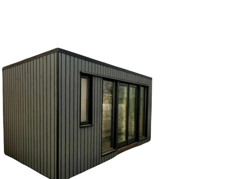 JVmoebel Gartenhaus Modernes Holzhaus in Grau mit großen Fenstern und offener Wohnküche, (Camping Haus), Made in Europe
