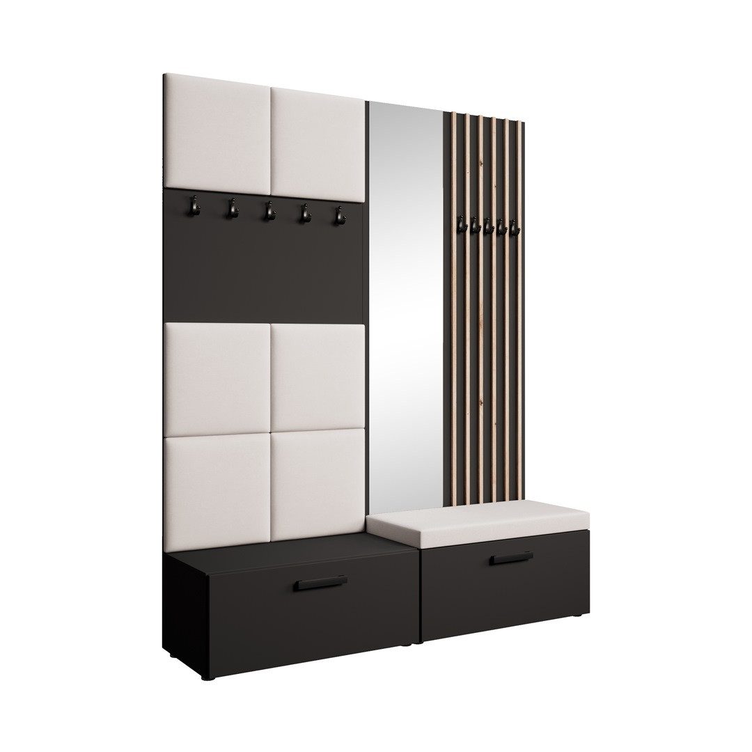 Beautysofa Garderobenschrank mit gepolsterten Paneelen und dekorativen Lamellen MARGARET I+II (Elegante Kleiderbügel) Zwei abschließbare Schuhschränke