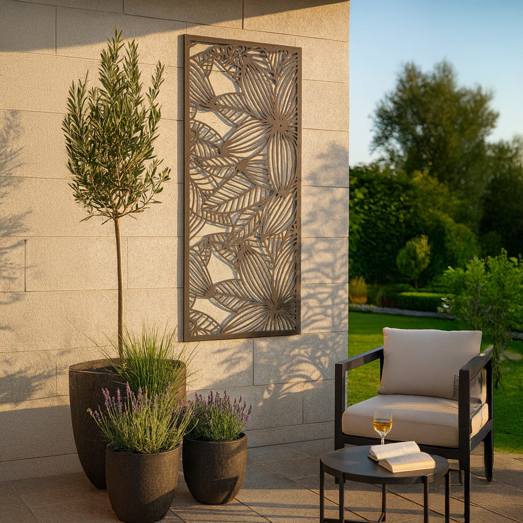 UNUS ELEMENTS Dekohänger Metallbild Blumen, Wanddeko innen außen mit Aufhängehaken (120x60 cm), Wanddeko floral aus Metall, Wandbild Blumen schwarz