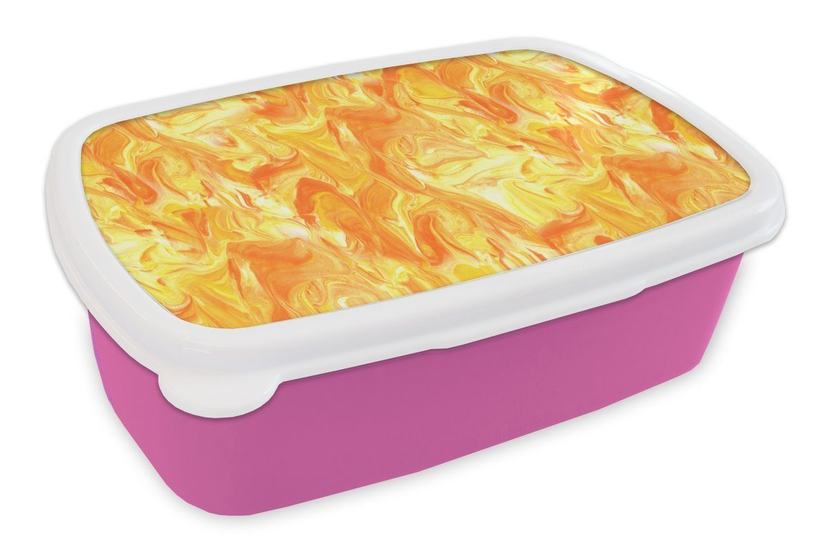 MuchoWow Lunchbox Marmor - Orange - Gelb - Design, Kunststoff, (2-tlg), Brotbox für Erwachsene, Brotdose Kinder, Snackbox, Mädchen, Kunststoff rosa