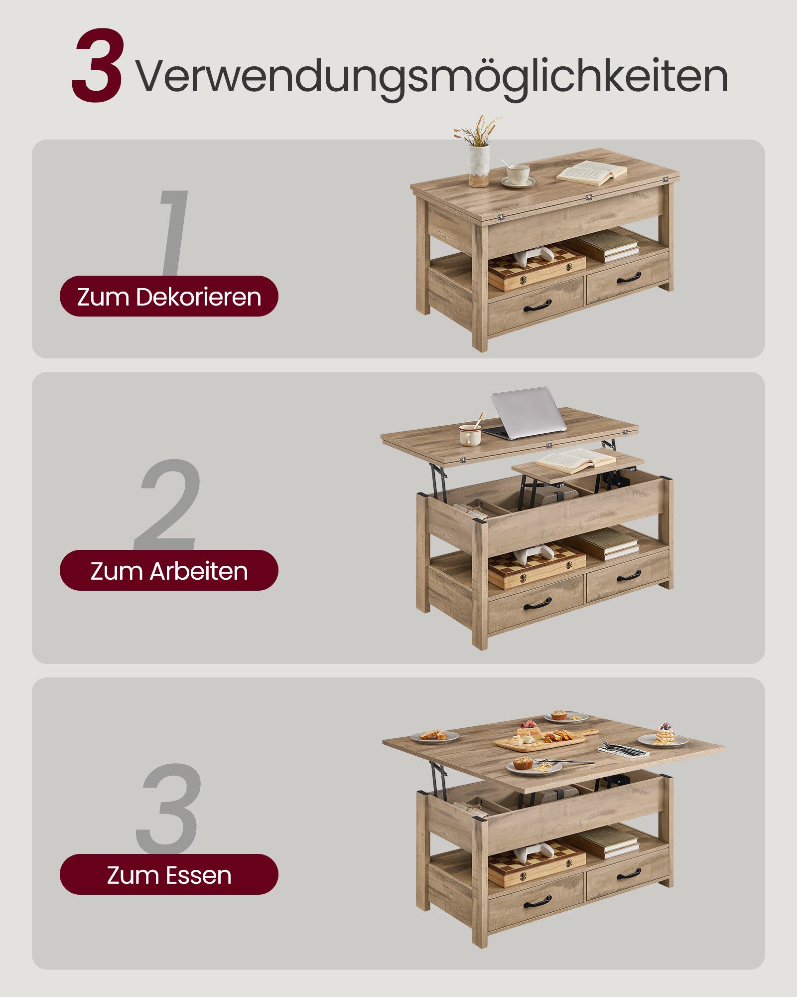 VASAGLE Couchtisch höhenverstellbar mit 2 hochklappbaren Tischplatten, Stauraum (multifunktional, inkl. Zubehörpaket & Anleitung), 2 Schubladen und Ablage, Wohn – Bild 4 von 5