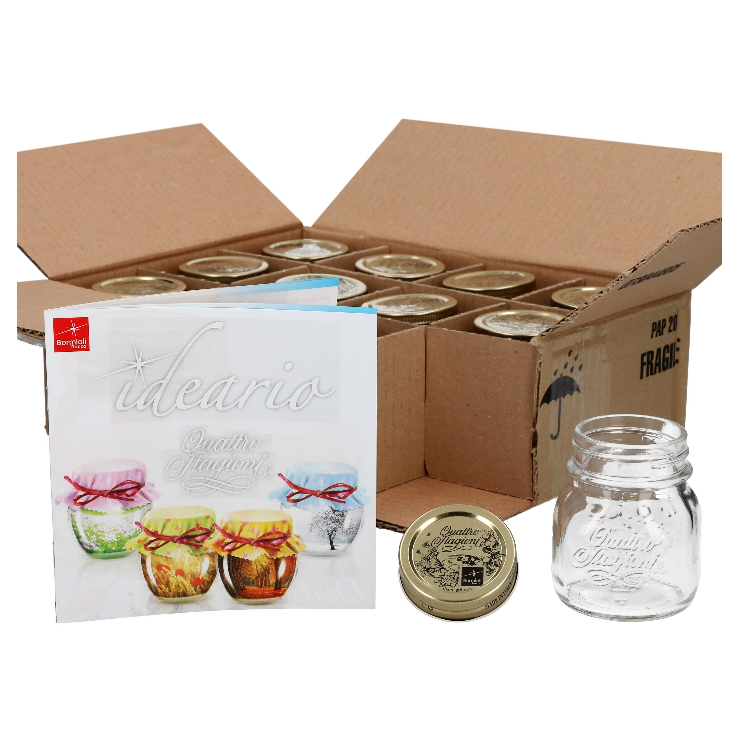 Bormioli Rocco Einmachglas 12er Set Einmachglas Original Quattro Stagioni 0,15L incl. Rezeptheft, Glas