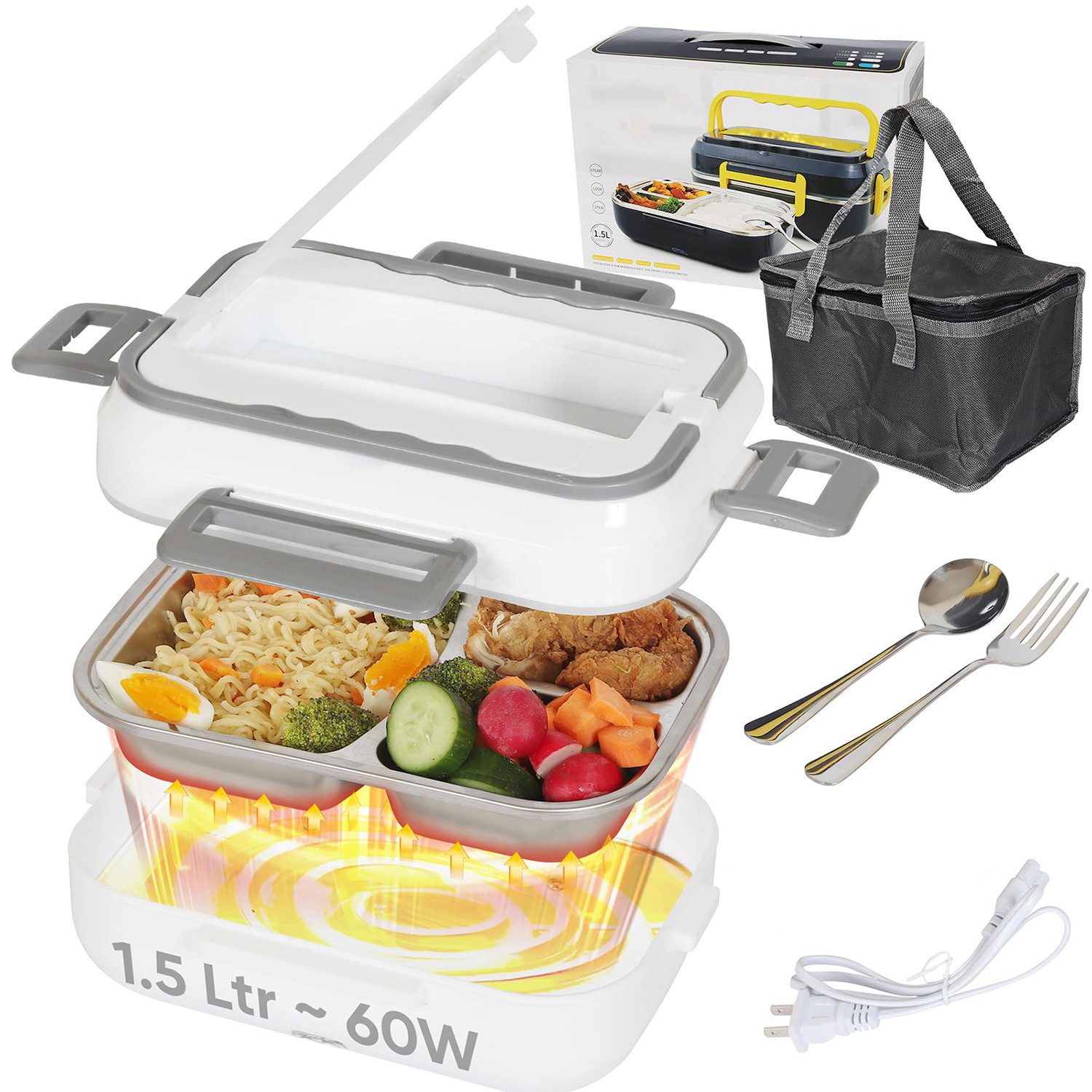 MOPUEA Elektrische Lunchbox 4 in 1 für Zuhause und Auto, 1,2 L, schnelles Erhitzen von Speisen, (4-in-1 elektrische Lunchbox für Auto, Büro, LKW; vielseitig einsetzbar, 1.5L, 75-W-Heizsystem, schnelles Erhitzen, leise, zirkulierende Wärme), Auslaufsicher, Gummidichtung, große Kapazität,Temperatur bis 80°C
