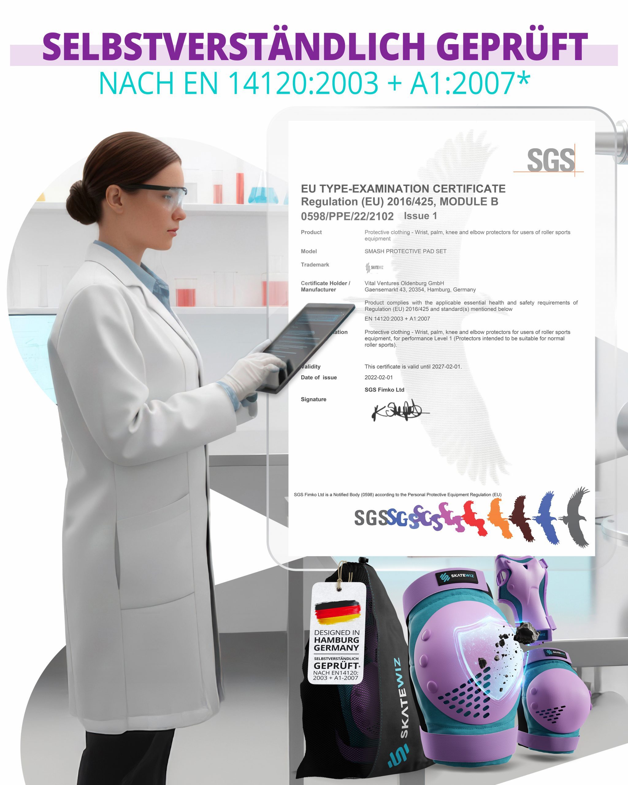 SKATEWIZ Protektoren-Set SMASH Knieschoner Kinder Inliner Schoner Erwachsene Protektoren Set (Schonerset Inliner skates Mädchen Schützer, 6-tlg., Inliner Schoner mit Knie-, Ellenbogen- und Handgelenkschützer), Schützer Inline Skates Kinder Schlittschuhe Schoner