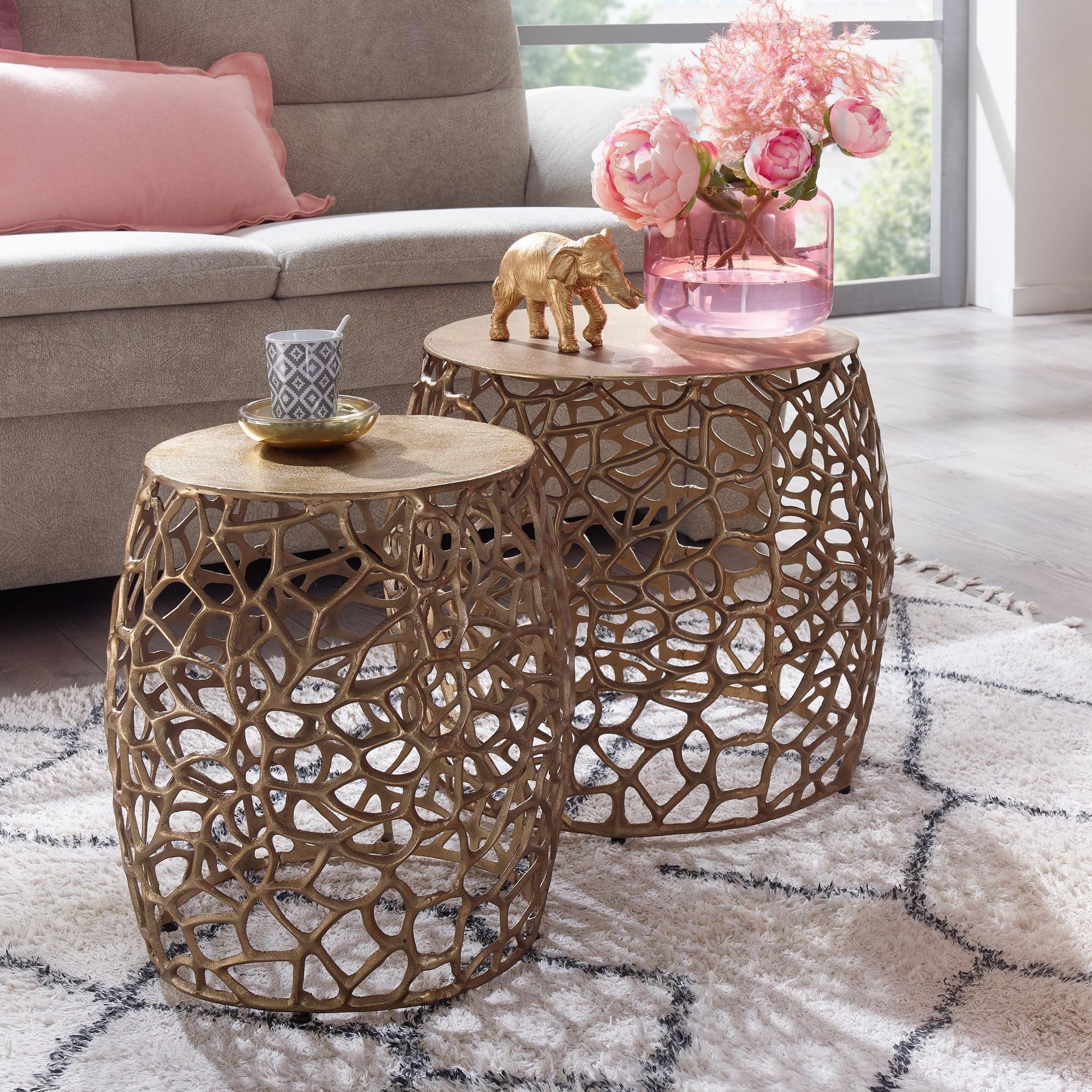 FINEBUY Satztisch FB41456 Beistelltisch 2er Set Metall Rund Wohnzimmertisch Couchtisch (Sofatisch Metall, Beistelltisch 2er Set Gold), Couchtisch Rund, Wohnzimmertisch Aluminium