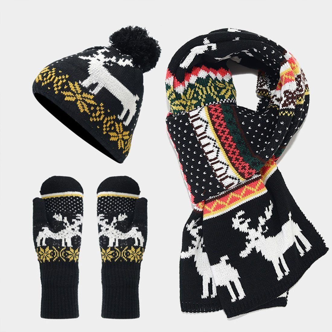 AUKUU Schal Strickmütze Weihnachtsmütze, Schal und Handschuhe, dreiteiliger, (warmer Elchanzug (3-St) schwarz