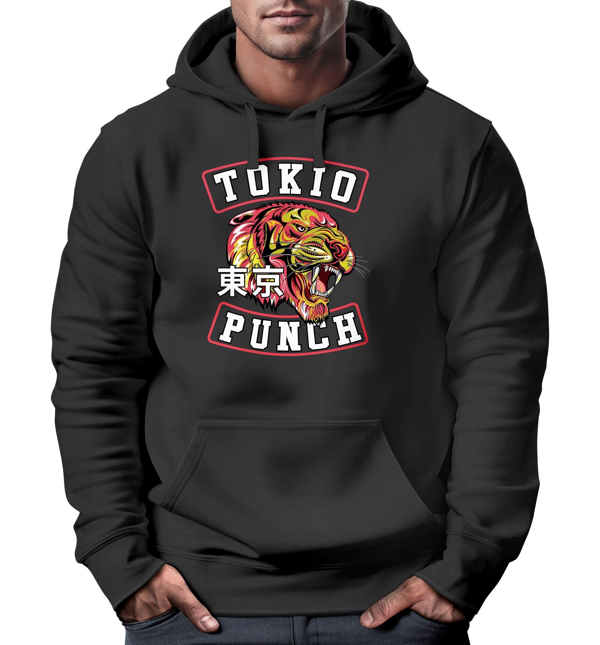 Hoodie Hoodie Herren Tokio Punch Schriftzug Tigerkopf Print Tattoo Style