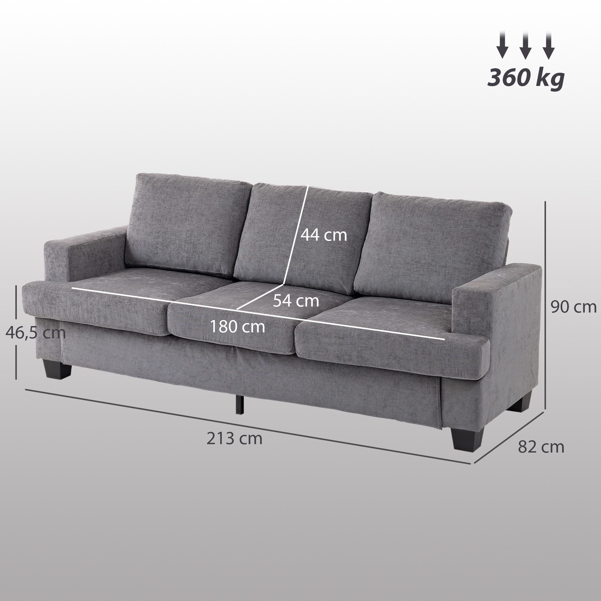 HOMCOM Sofa Couch mit Armlehnen, Becherhalter, Polstersofa 1 Teile, für Wohnzimmer, Schlafzimmer 213 x 82 x 90 cm, Grau