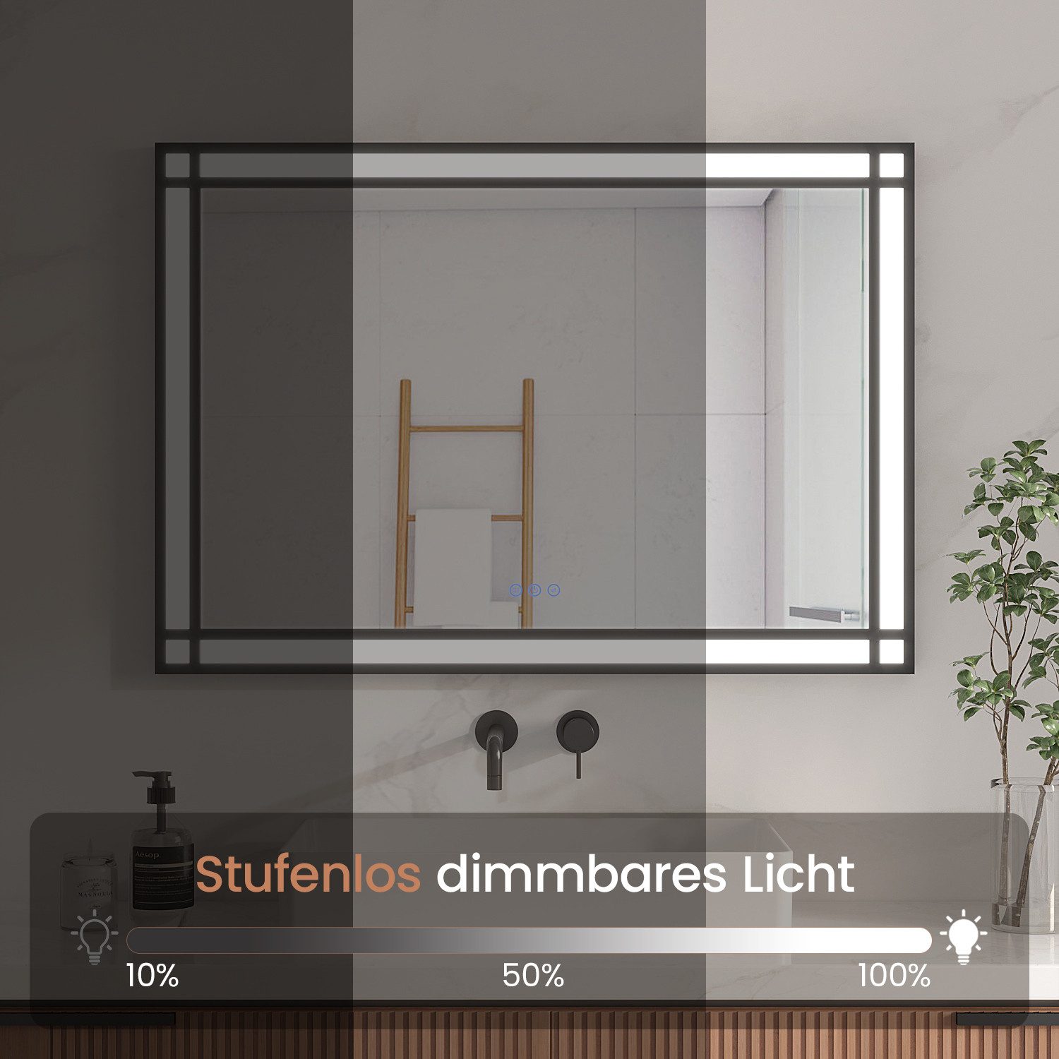 AQUALAVOS Badspiegel LED Badezimmerspiegel 100x70 cm Beschlagfrei Lichtspiegel Wandspiegel, 100x70 cm, 2 Lichtfarben Dimmbar, Memory-Funktion, Touch /Wandschalt – Bild 5 von 5
