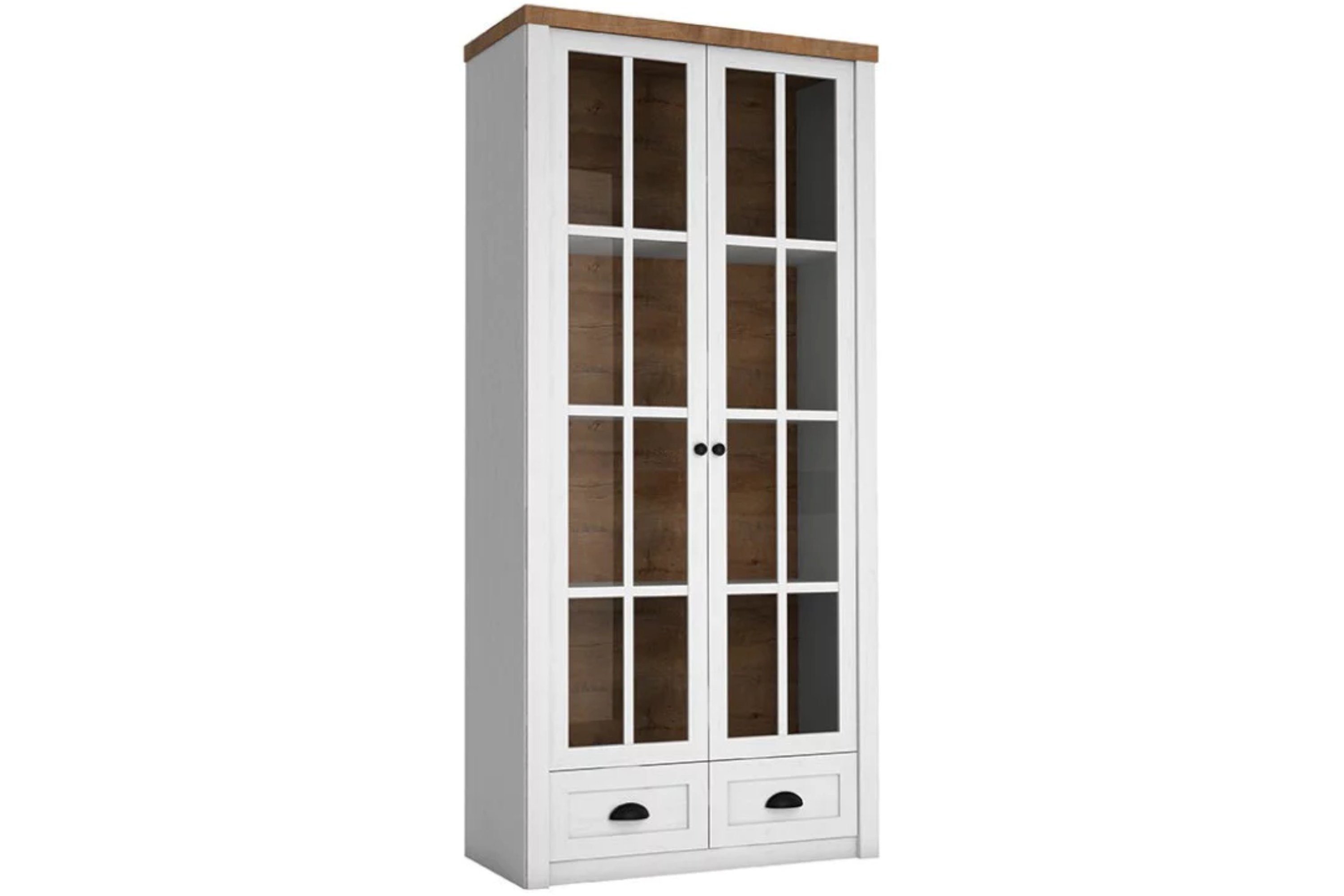 KONSIMO® Glasvitrine LEMAS Vitrine, Standvitrine, hergestellt in der EU mit Schubladen, Glastüren, Provenzalische Stil