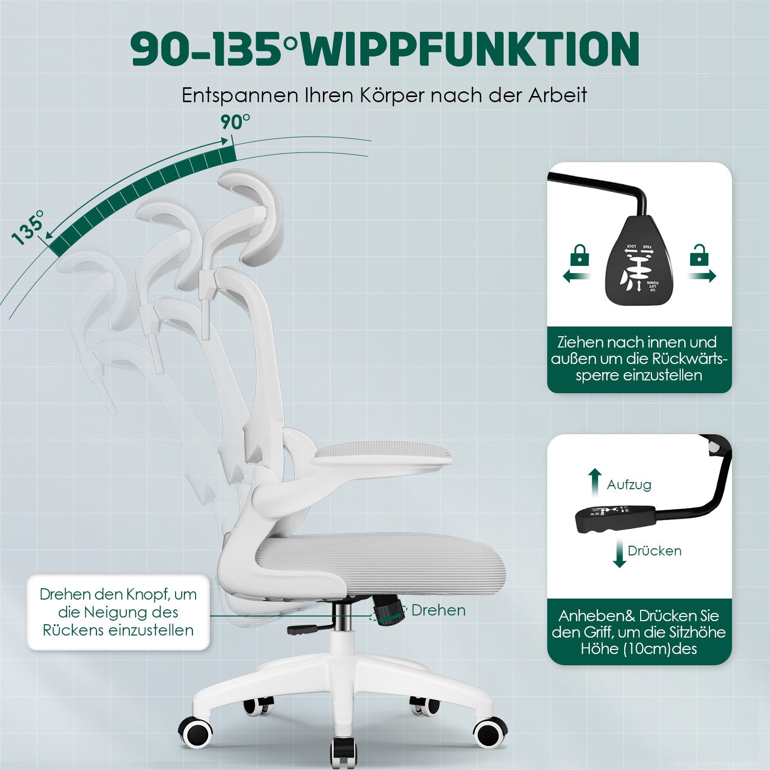 Fukstern Bürostuhl Ergonomischer Bürostuhl mit 90° klappbaren Armlehnen (Verstellbare Kopfstütze, atmungsaktiver Mesh-Bezug, Rücken- und Taillenstütze, Neigung fixierbar bei 90° (maximal kippbar bis 135), bis 150 kg belastbar