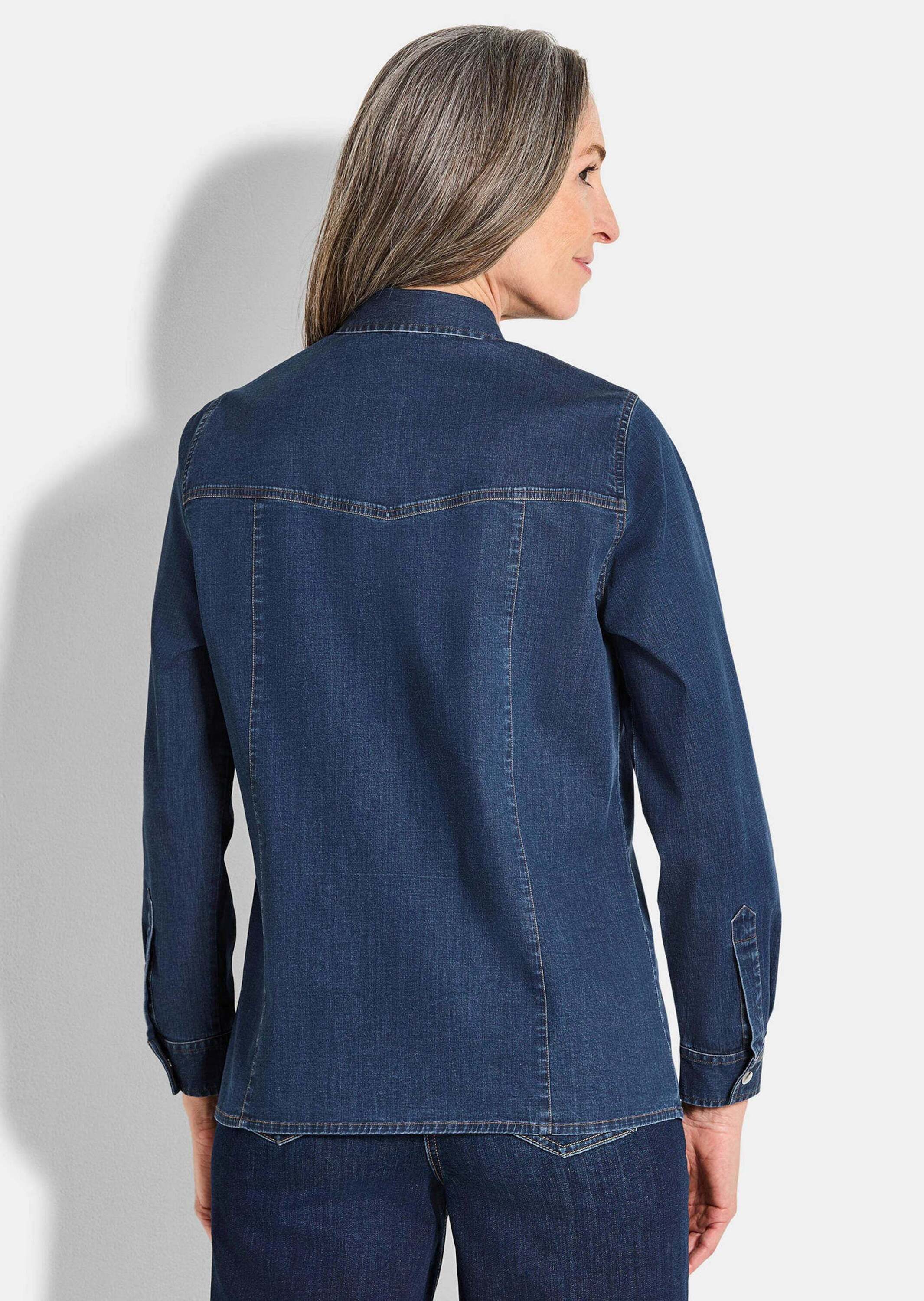 GOLDNER Hemdbluse Stilvolle Denim-Bluse mit Druckknöpfen Baumwollshirt mit Kontrastnähten, Hemdkragen und Langarm – Bild 3 von 5