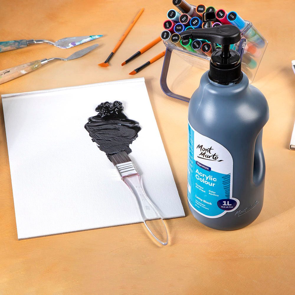 Mont Marte Acrylfarbe 1 L – Farbe wählbar Weiß oder Schwarz, Lichtechte Farbe mit großer Deckkraft – für Leinwand, Ton, Holz, Stein