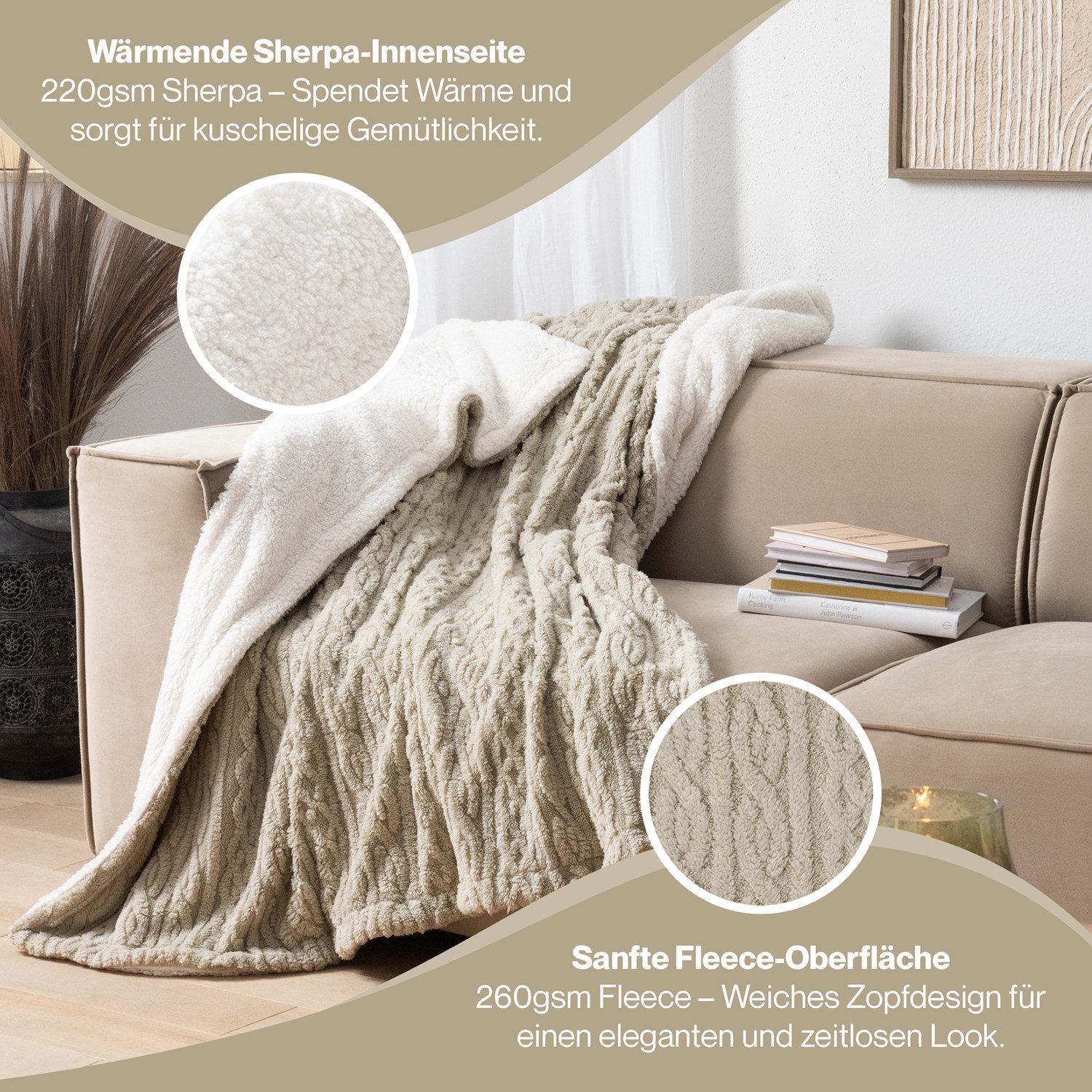 Wohndecke Oeko-TEX zertifizierte waschbare Wohn- & Kuscheldecke, Blumtal, mit weicher Sherpa-Innenseite – Bild 5 von 5
